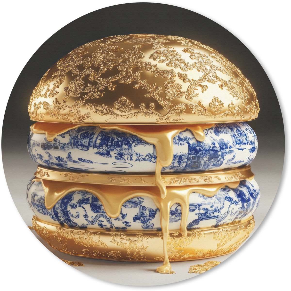 Muismat rond 50x50 cm - Mousepad Delftsblauw - Goud - Burger - Ronde muismatten