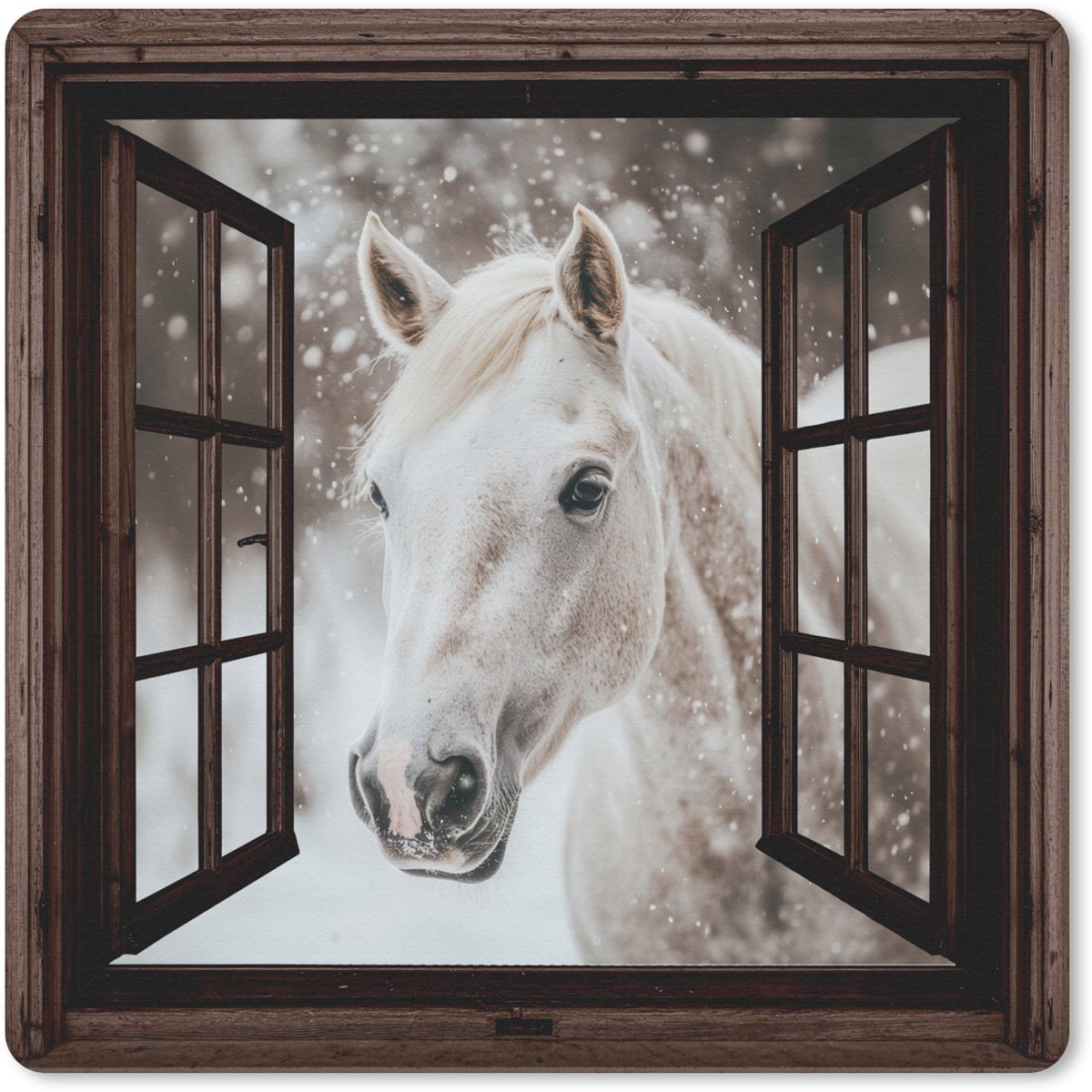 Muismat 30x30 cm - Mousepad Doorkijk - Paard - Wit - Winterlandschap - Sneeuw - Muismatten