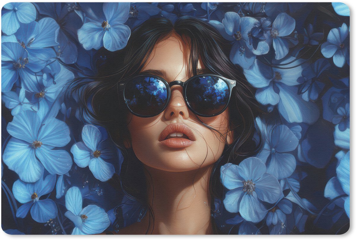 Muismat 27x18 cm - Mousepad Vrouw - Blauw - Bloemen - Vlinders - Natuur - Muismatten