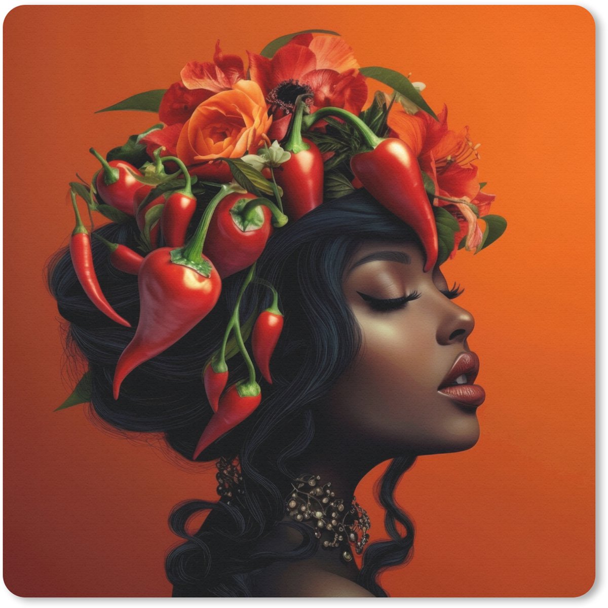Muismat 20x20 cm - Mousepad Vrouw - Chilipepers - Pepers - Bloemen - Muismatten