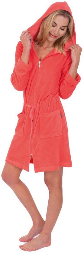 Rits badjas sauna - dunne dames badjas - dames badjas met ritssluiting - kort model met capuchon - sauna - lichtgewicht - koraal - maat M