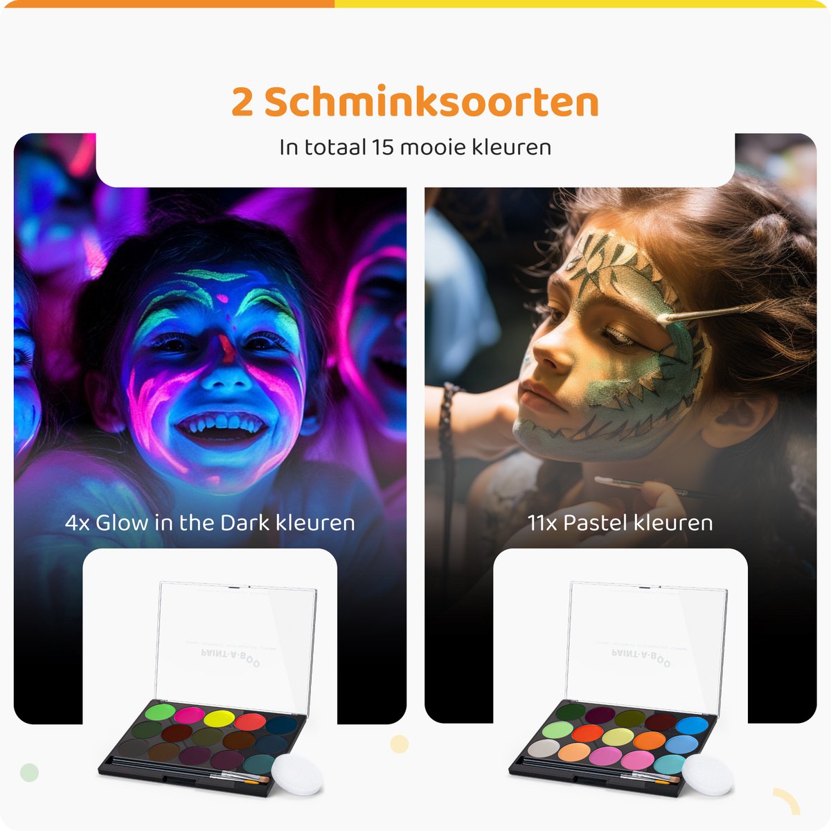 Paint-A-Boo Schminkset Kinderen - Waterbasis - 15 kleuren - Voor 45 gezichten – Met 30 Voorbeelden — afbeelding 7