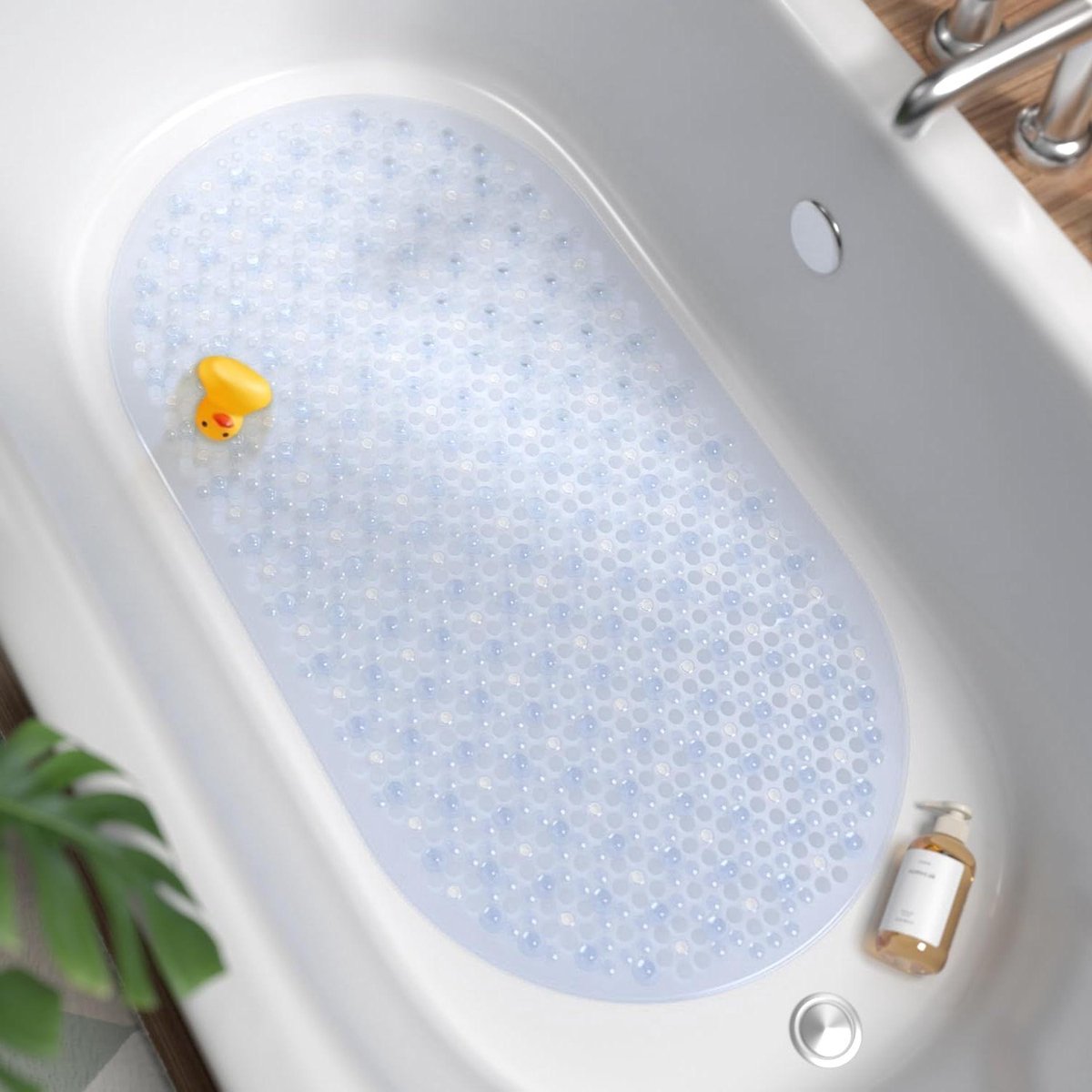 Ovale antislip douchemat 68 x 38 cm voor badkamer machinewasbaar met zuignappen en afvoergaten zacht op de voeten helder.