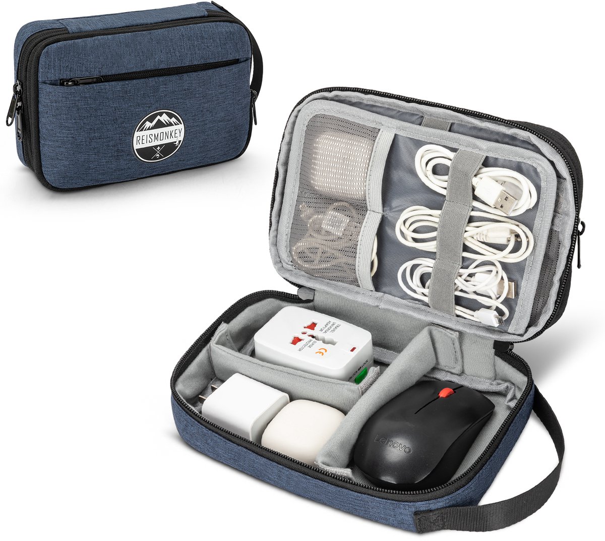 Kabel Organiser tas Compress It - Reismonkey – Donkerblauw – Water- en schokbestendig etui - kabeltas met compressie