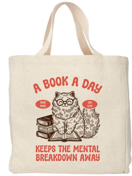 Creasowl® - A book a day - Boodschappentas 38 x48 cm - Polylinnen- Kat tas - Shopper - Canvas tas - Boodschappen tas - Totebag - Schoudertas - Draagtas - Katten mama