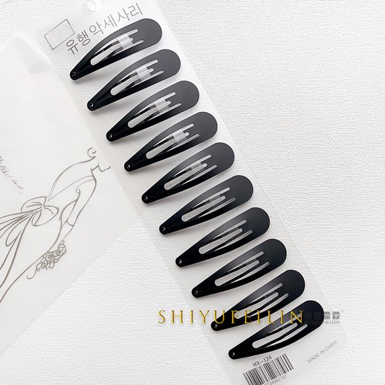 Ensemble de 10 barrettes métalliques noires en forme de goutte d'eau, chacune de 6 cm de long, avec une finition brillante.