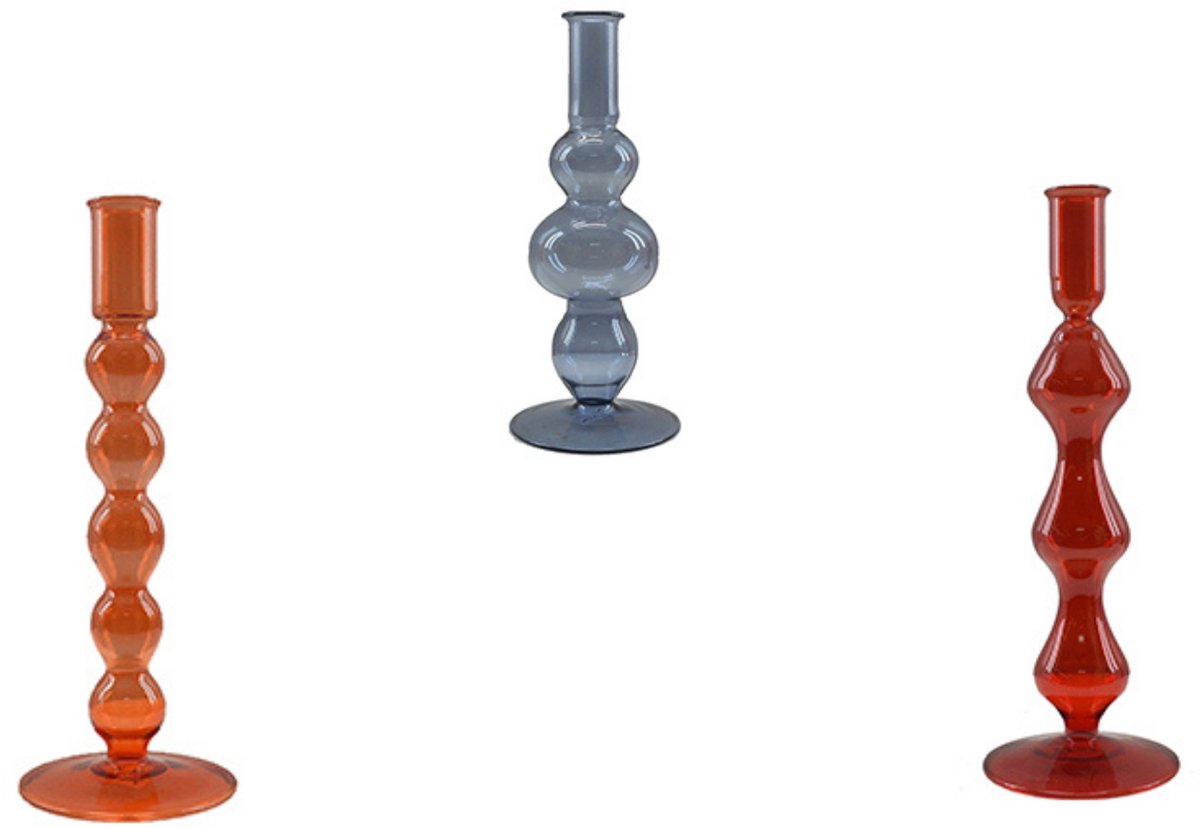 by Mooss - Kandelaar - set van 3 - Rood - Oranje - Grijs - Glas - Kaarsenhouder