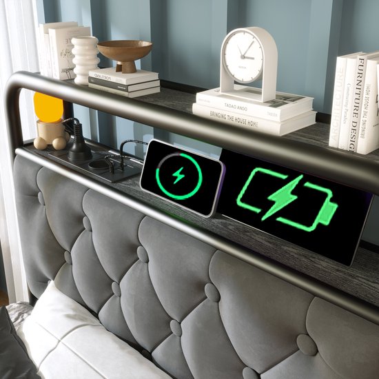Polsterbett - Einzelbett - avec chargement USB Type C Fonction de chargement - APP-Control LED Bettgestell - Metallbett - 90x200 - Bettrahmen - 2 étagères - Samt - Sans Matras