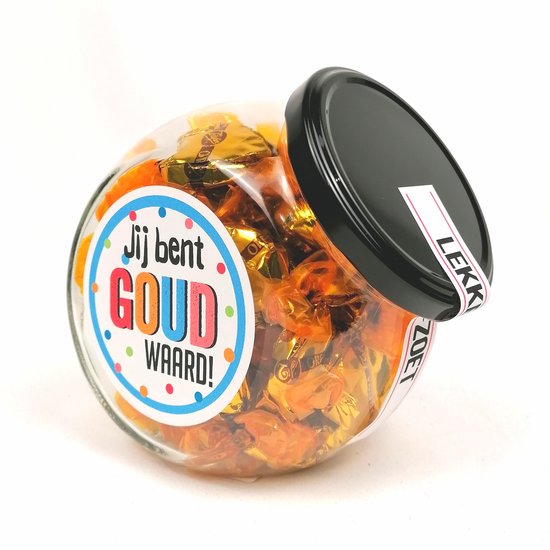 Snoeppot - "Jij bent goud waard" toffee - bedankje - bedankt cadeautje - afscheid collega - einde schooljaar - waardering cadeau - Jij bent Goud waard - gevuld met toffee's - Secretaressedag - Dag van de zorg cadeau