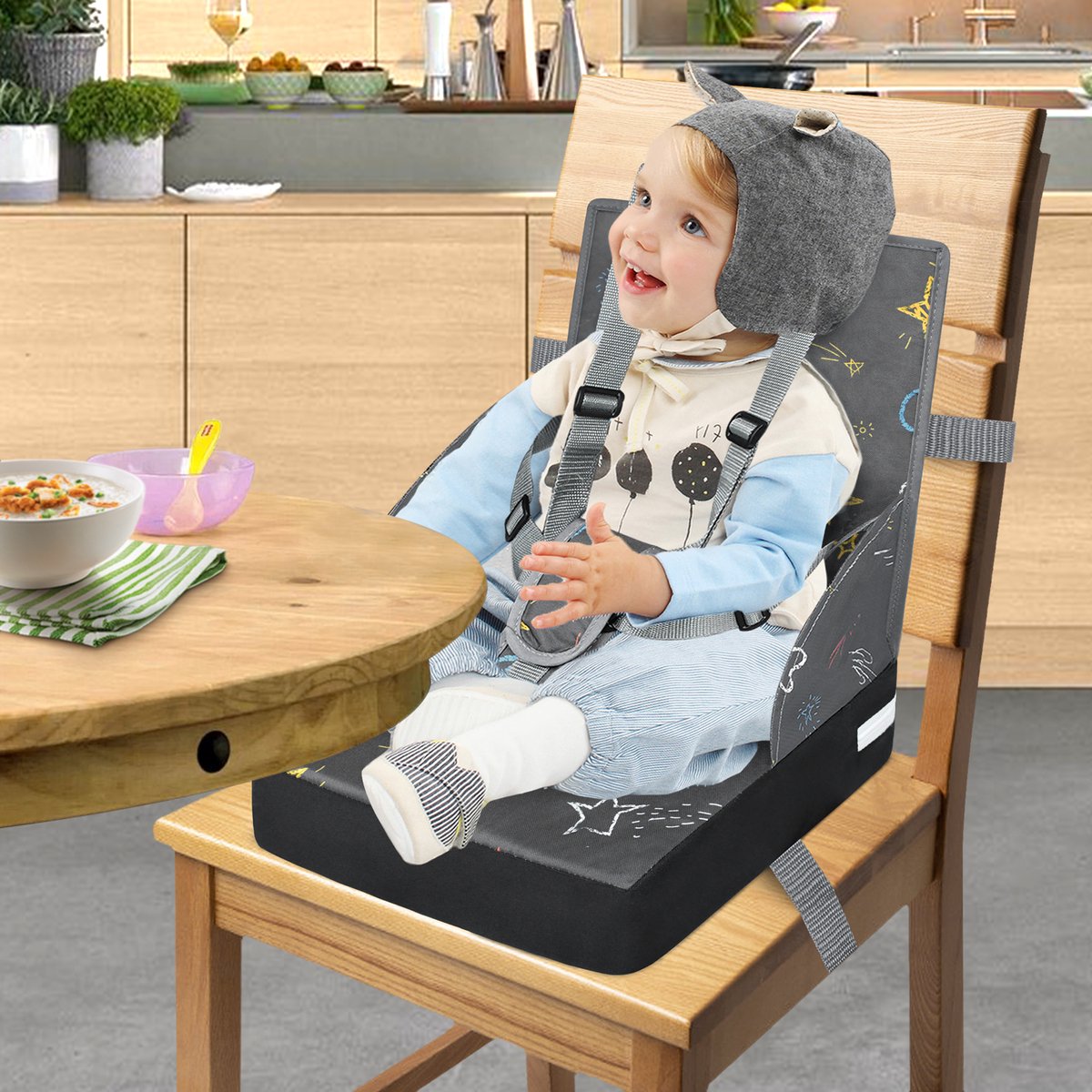 NAIZY Booster Seat Kinderverhoger Zitkussen met Opvouwbare Rugleuning en Driepunts Veiligheidsgordel, Sponsverhoger Zitje voor Kinderen Baby Eetstoel, Grijs – foto 5