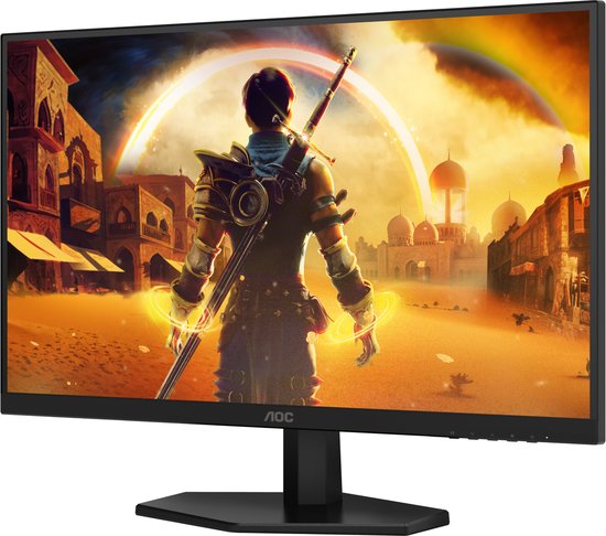 Zwart AOC gaming monitor met een 27-inch scherm waarop een gamefiguur staat met een zwaard.