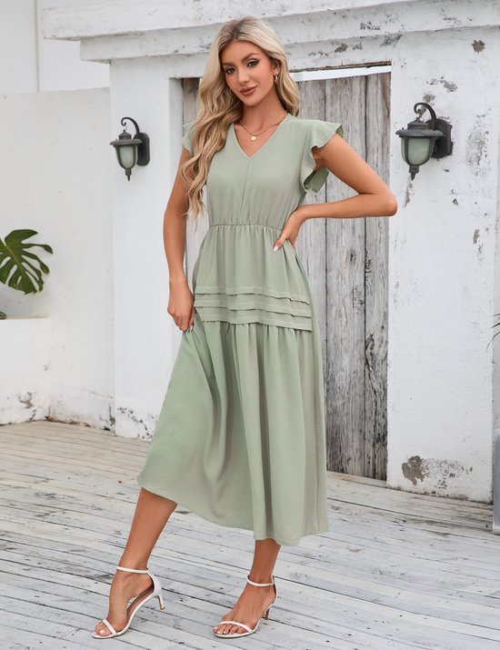 Damesjurk Lange zomerjurk Casual swingjurk Korte mouw Maxi-jurk Ruches Vrijetijdsjurk Lichtgroen S
