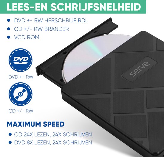 Zwarte Serve CD/DVD-speler met gestreept patroon, met een cd erin. Toont specificaties voor DVD+/-RW en CD+/-RW.