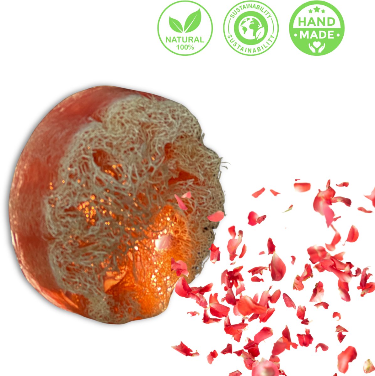 De Vitamineshop - Zeep - Natuurlijke Rozen Zeep Rond met Luffa – 100% Natuurlijke & Handgemaakte Loofah Scrubzeep - Handzeep - Douchezeep - Cadeau - 175 gr