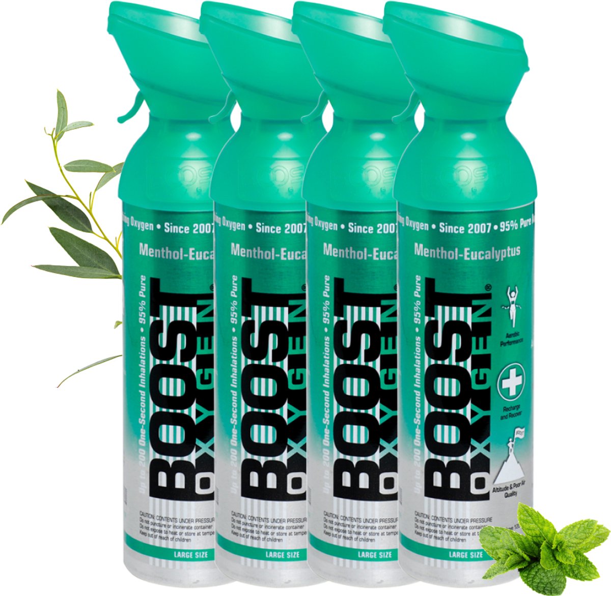 Boost Oxygen - Large 9L - Menthol-Eucalyptus - 95% Pure Zuurstof - Tot wel 800 inhalaties van 1 sec - Ademhalingsondersteuning voor sport herstel, hoogte, prestaties en gezondheid - Zuurstoffles - 4x 9L (4 pak, 36L totaal)