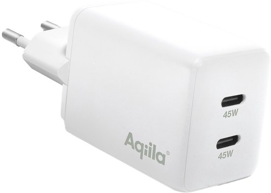 Chargeur USB Aqiila, 45 W, adaptateur USB-C, chargeur rapide GaN, Power PD , 2x USB-C, 100-240 V, Chargebird W2 Wit