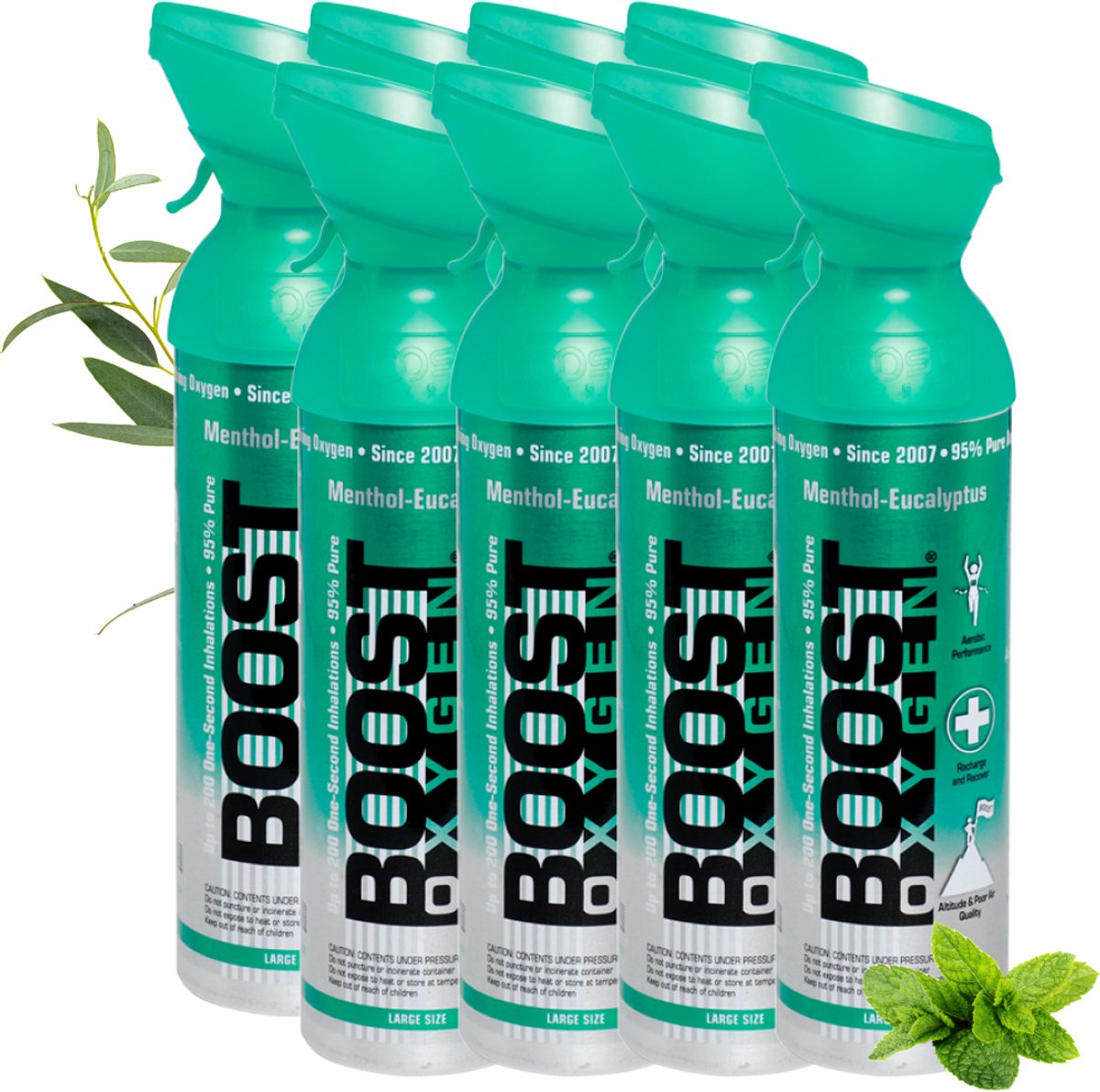 Boost Oxygen - Large 9L- Menthol-Eucalyptus - 95% Pure Zuurstof - Tot wel 1600 inhalaties van 1 sec - Ademhalingsondersteuning voor sport herstel, hoogte, prestaties en gezondheid - Zuurstoffles - 8x 9L (8 pak, 72L totaal)