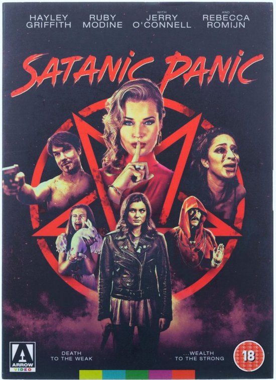 Filmcover met "Satanic Panic" in rode letters, een grote rode pentagram en meerdere personen met dramatische uitdrukkingen.