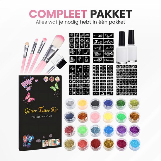 Pack complet de tatouages pailletés avec 24 couleurs de paillettes, 120 pochoirs, pinceaux et colle. L'emballage est noir avec des fleurs et des papillons roses.