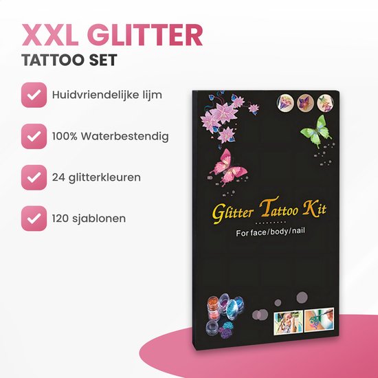 XXL Glitter Tattoo Set avec 24 couleurs de paillettes, 120 pochoirs, colle hypoallergénique et 100% imperméable. L'emballage présente des papillons et des fleurs.