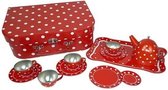 Playwood - Blikken serviesje rood met witte stippen in koffer - speelgoed theeservies van tin