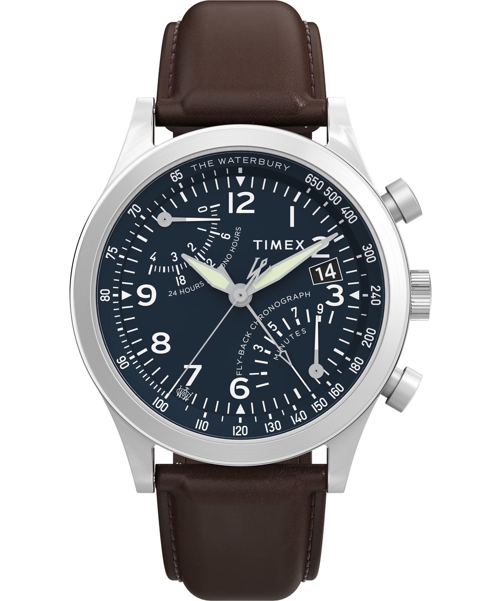 Timex Waterbury Traditional Fly Back Kwarts Analoog Horloge Bruin Case: 100% Stainless Steel | Armband: 100% Recycled Material 43 TW2W47900AJ, TW2W48000AJ