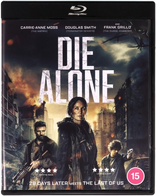 Blu-ray hoes met de titel 'DIE ALONE'. Drie personen in een post-apocalyptische stad.