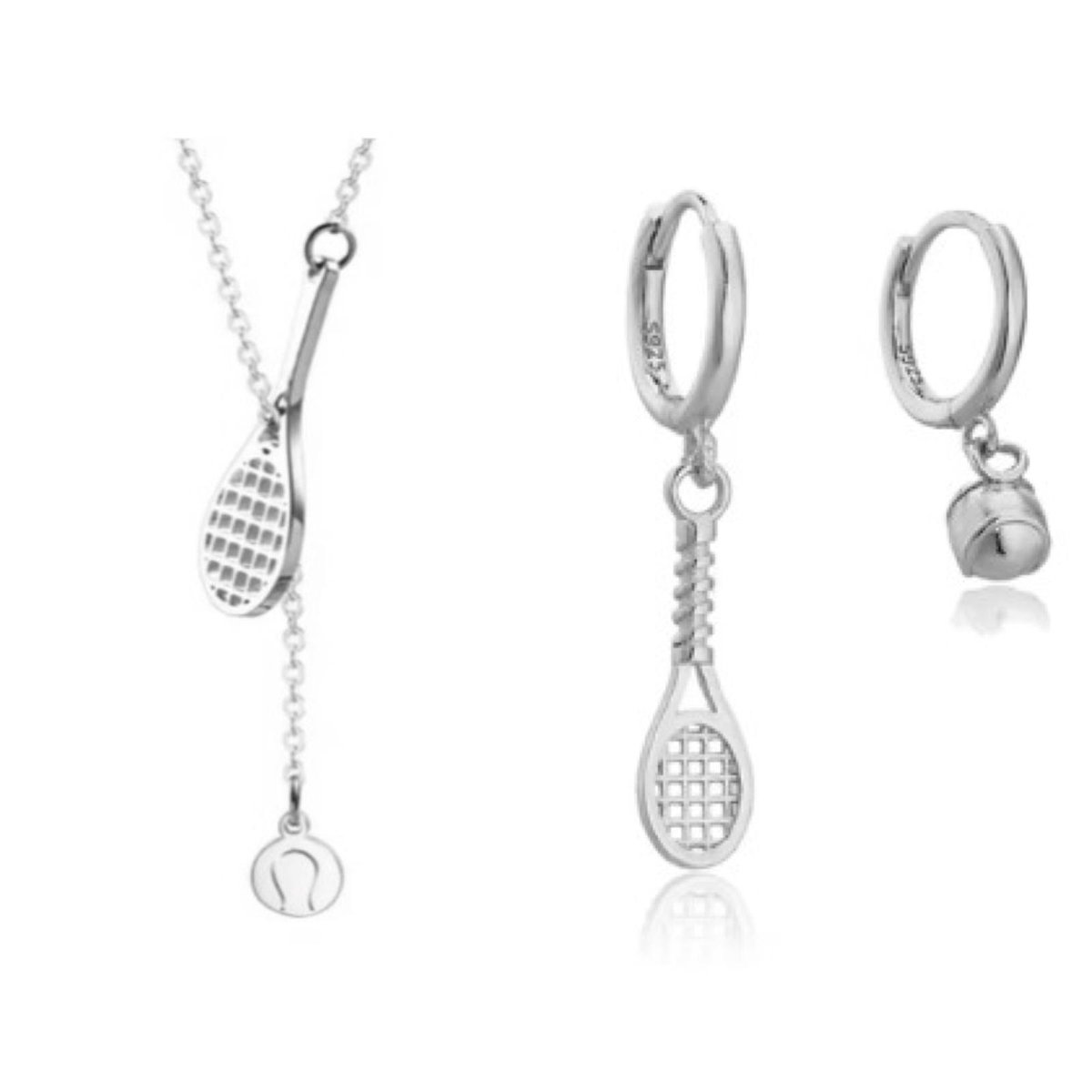 SportPresent® - Sieradenset - Tennis - Padel - Oorbellen - Ketting - Tennisracket - Tennisbal - Zilver - 925 - Kleur - Sieraad - Kado - Sport - Teamkado - Sportsieraad