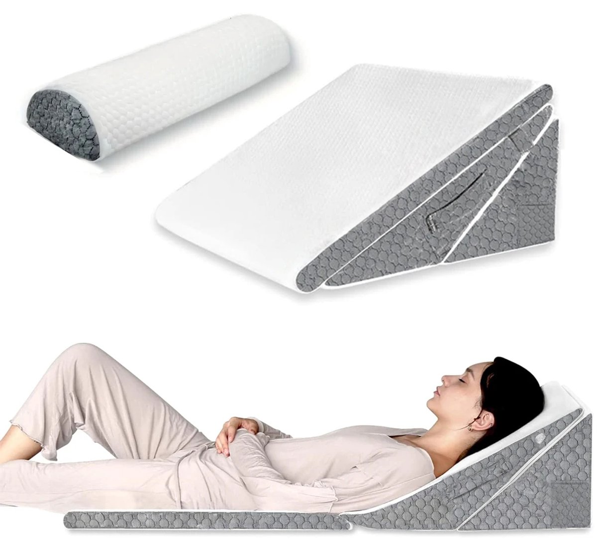 Wedge Kussen Set voor Acid Reflux, GERD, Snurken en Rug- en Kniepijn – Verstelbare Opvouwbare Driehoekige Hoofdsteun voor Slaapcomfort, Anti-Snurken Kussen, Reflux Kussen