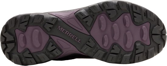 Zwarte Merrell wandelschoenzool met paarse accenten en een grof profiel.