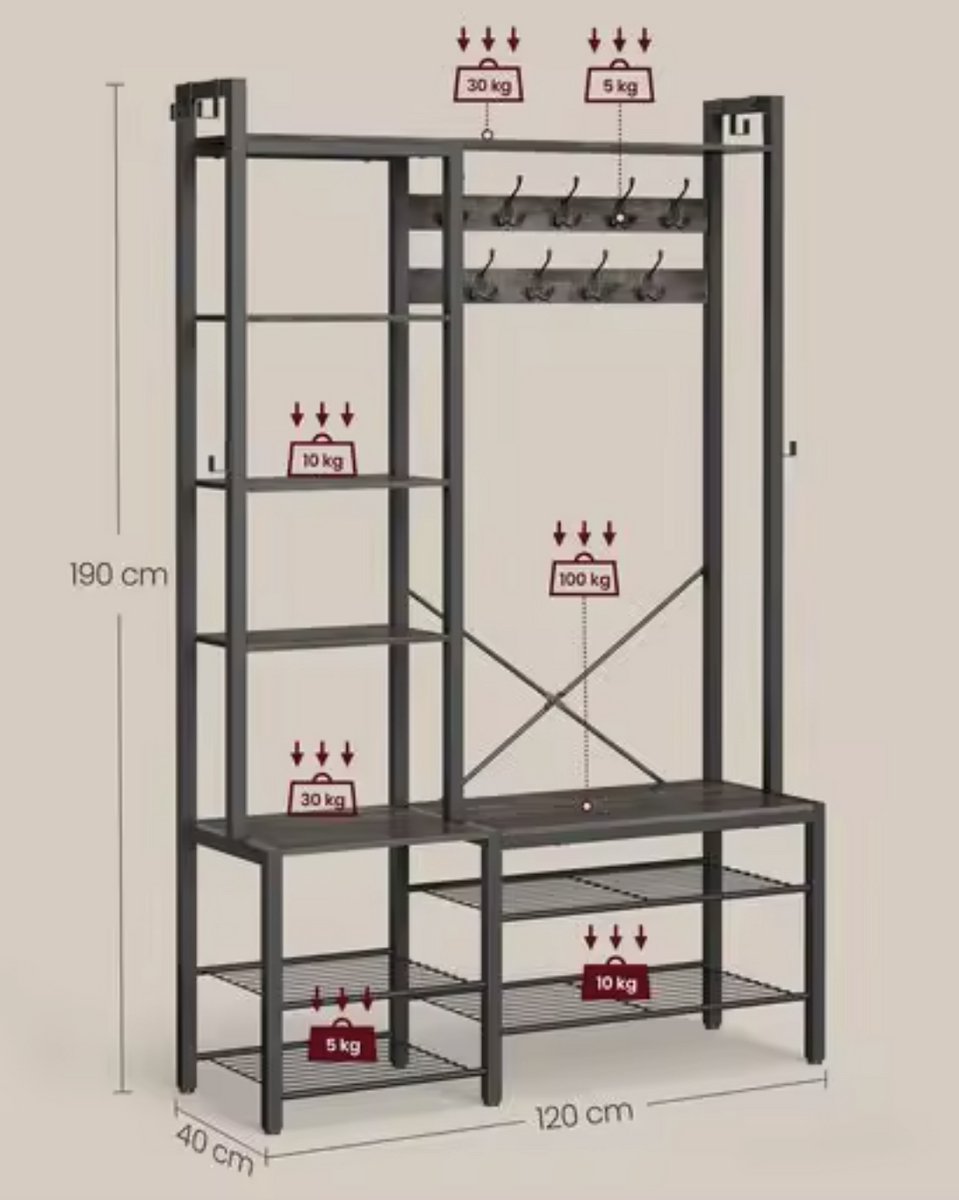 J&R Kapstok - Kapstok groot - Kledingrek - Garderobekast - Schoenenrek - Zitbank - Planken - Haken - Hout en metaal - Industrieel - Zwart - 120x190x40cm – foto 3