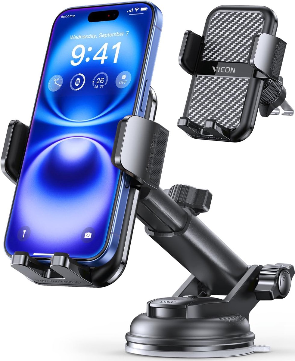 Vicon Telefoonhouder Auto - Voorruit / Dashboard / Ventilatierooster - 360° Draaibaar - GSM houder met zuignap voor Alle Telefoons