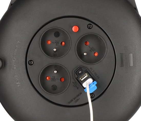 Brennenstuhl Design-box CL-S kabelwinder met USB/kleine elektrische opwikkelaar met 3 aansluitingen en 2 USB-oplaadaansluitingen (binnenshuis, kabel 3 m, gemaakt in Frankrijk) zwart/blauw