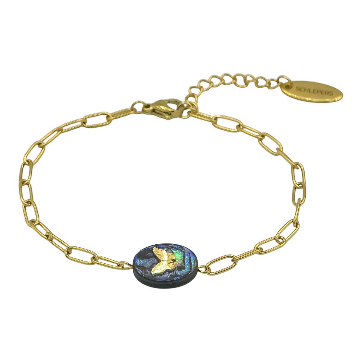 Goldplated Dames Armband met vlinder Bedel - Schelp Zeeoor - Goudkleurige Schakelarmband verguld - 17 + 3 cm