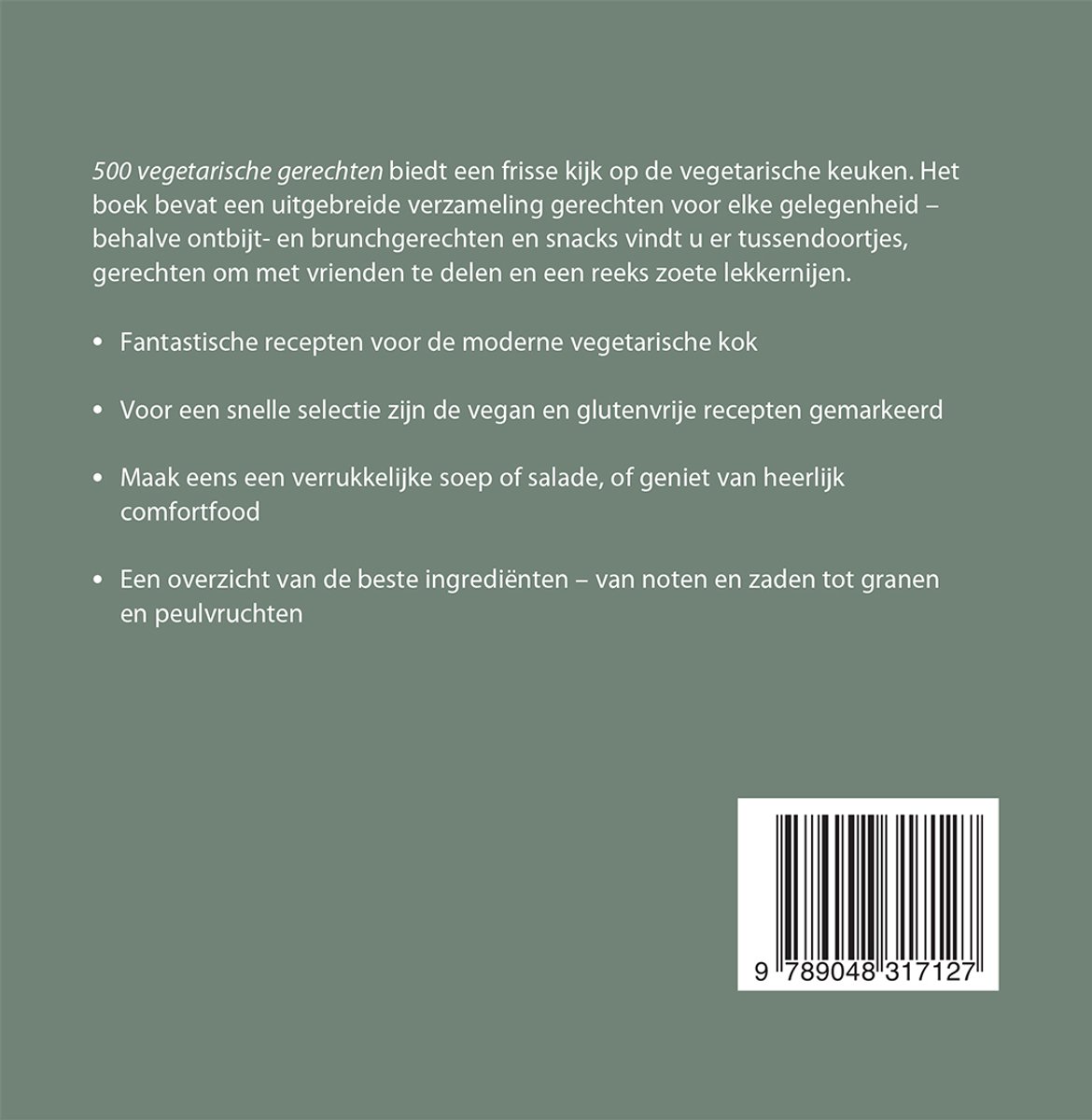 Achterkant boek "500 vegetarische gerechten" met tekst over recepten, inclusief vegan en glutenvrij. Barcode.