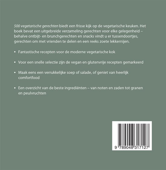 Achterkant boek "500 vegetarische gerechten" met tekst over recepten, inclusief vegan en glutenvrij. Barcode.