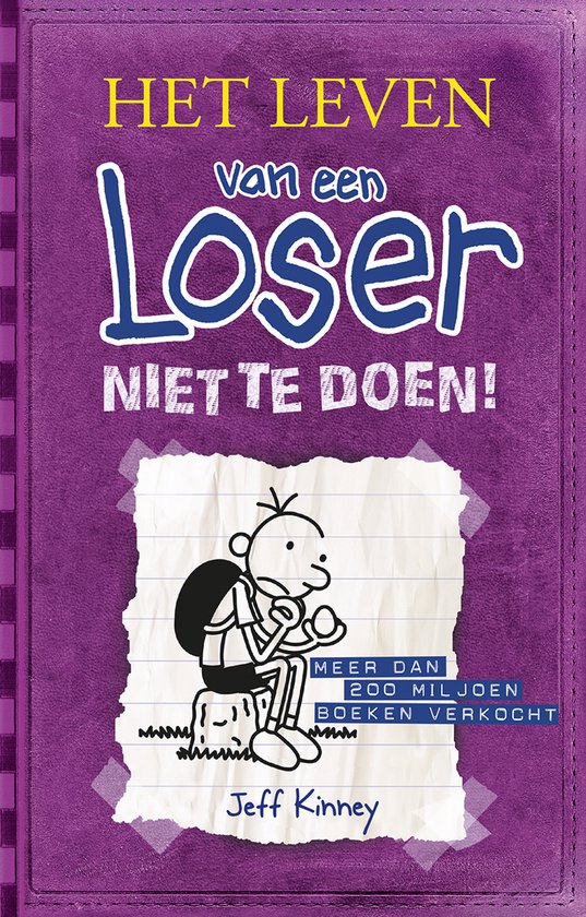 Paarse kaft van 'Het Leven van een Loser: Niet te doen!' met een tekening van Jeff Kinney's hoofdpersoon op een krukje.