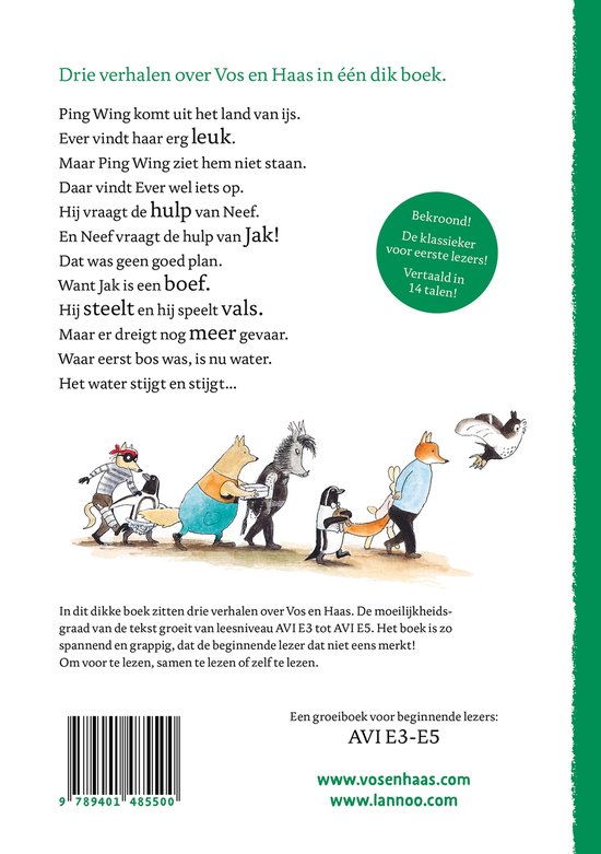 Drie verhalen over Vos en Haas in één dik boek. Met illustraties van vos, haas en pinguïns op ijs.