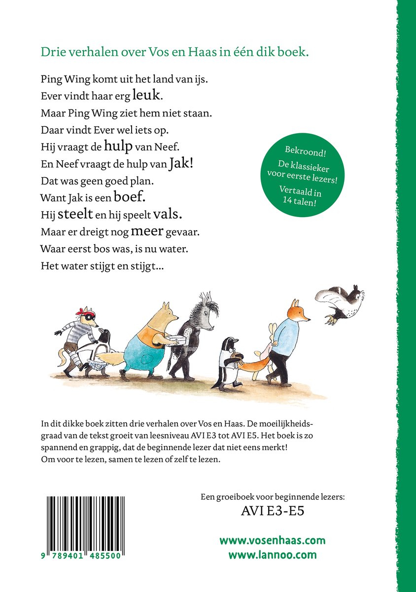 Drie verhalen over Vos en Haas in één dik boek. Met illustraties van vos, haas en pinguïns op ijs.