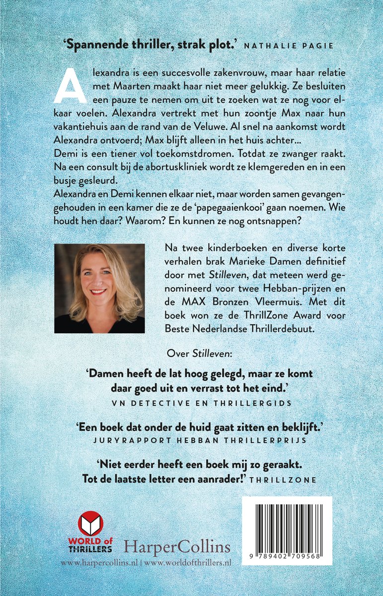 Achterflap van het boek 'Onbreekbaar' met tekst, foto van de auteur en uitgeverslogo's.