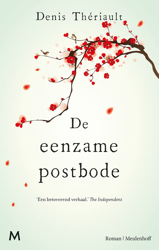 Couverture de livre 'De eenzame postbode' avec branche de cerisier en fleurs et pétales tombant.