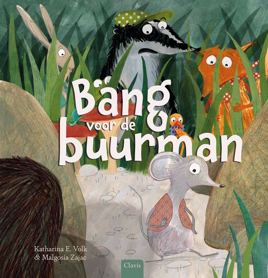 Boekomslag met tekeningen van dieren: een muis met vest, vos, das, kikker en konijn tussen het groen. Titel: Bang voor de buurman.