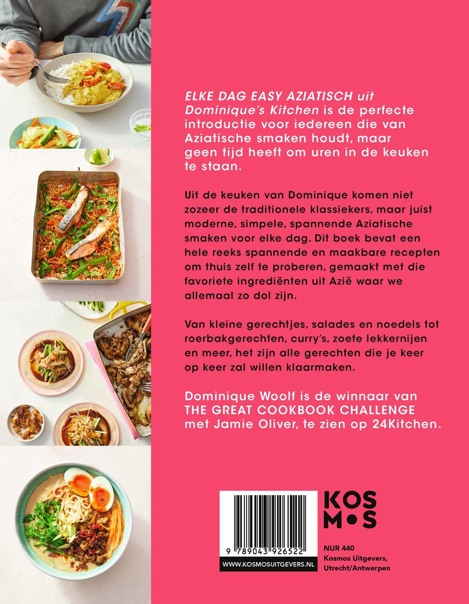 Boek "Elke dag easy Aziatisch" met tekst en afbeeldingen van Aziatische gerechten. Winnaar van The Great Cookbook Challenge met Jamie Oliver.
