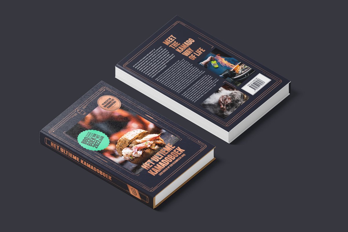 Het ultieme kamadoboek, staand op donkere achtergrond, met een aparte foto van de achterkant van het boek.