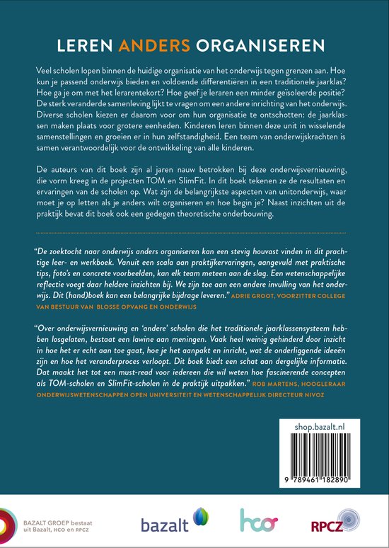 Achterkant van het boek 'Leren anders organiseren'. Bevat tekst en een streepjescode.