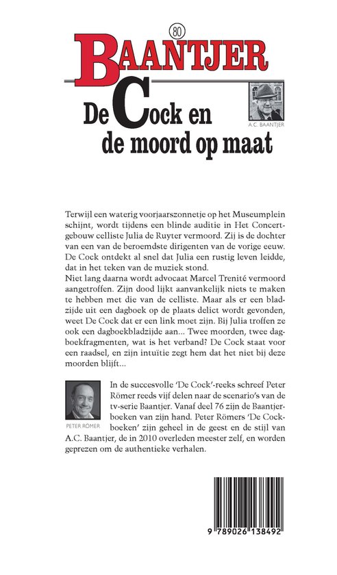 Achterkant van het boek 'Baantjer 80 - De Cock en de moord op maat'. Met een portret van A.C. Baantjer.