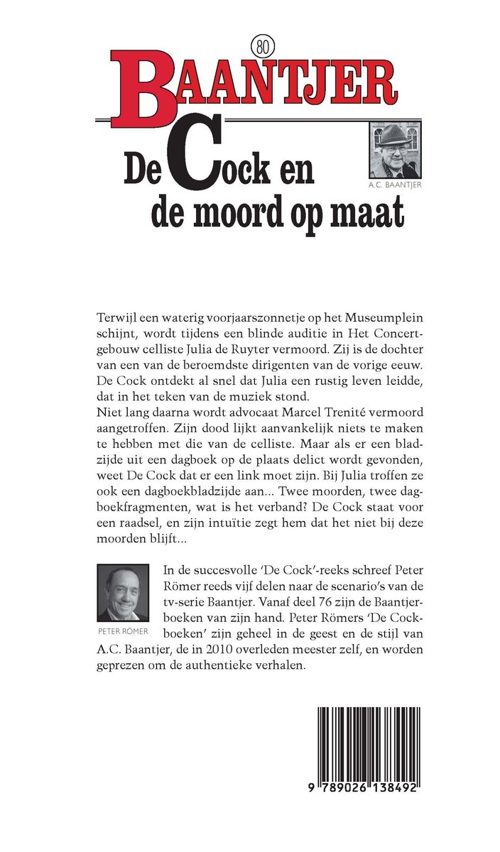Achterkant van het boek 'Baantjer 80 - De Cock en de moord op maat'. Met een portret van A.C. Baantjer.