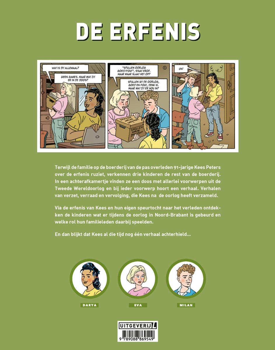 Achterkant van het boek 'De erfenis' met stripafbeeldingen van kinderen en een tekstuele samenvatting. Drie portretten van Darya, Eva en Milan.