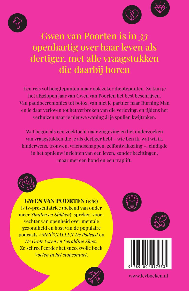Book cover with pink and yellow sections and large "33". Includes text about Gwen van Poorten's life.