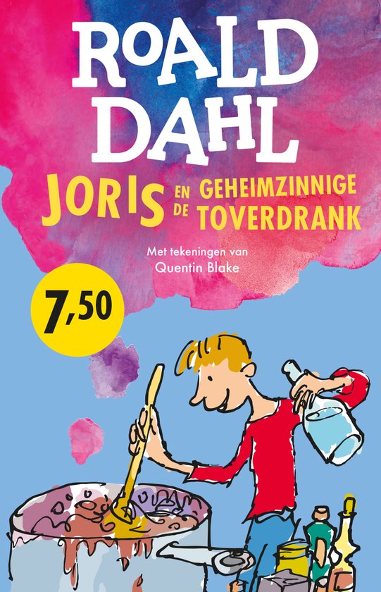 Boek kaft met Roald Dahl, Joris en de Geheimzinnige Toverdrank. Joris maakt een drankje, gele cirkel met 7,50.